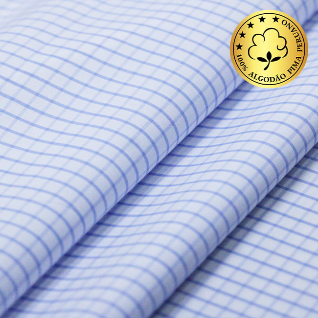 Tecido Camisaria fio 70 - Tremosine 05 Xadrez GG Celeste - 100% Algodão Pima
