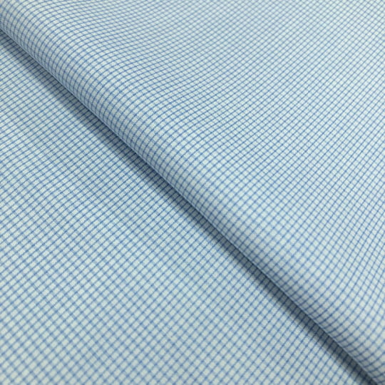 Tecido Camisaria Tricoline Fio 60 - Alexandria 284 Xadrez Azul Claro - Fundo Azul Suave - 100% Algodão