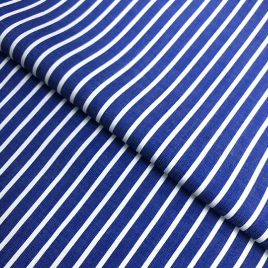 Tecido Camisaria Tricoline Fio 60 - Alexandria 315 - Listra GG Branco - Fundo Royal - 100% Algodão