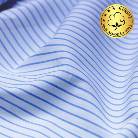 Tecido Camisaria fio 70 - Tremosine 05 Listra GG Celeste - 100% Algodão Pima