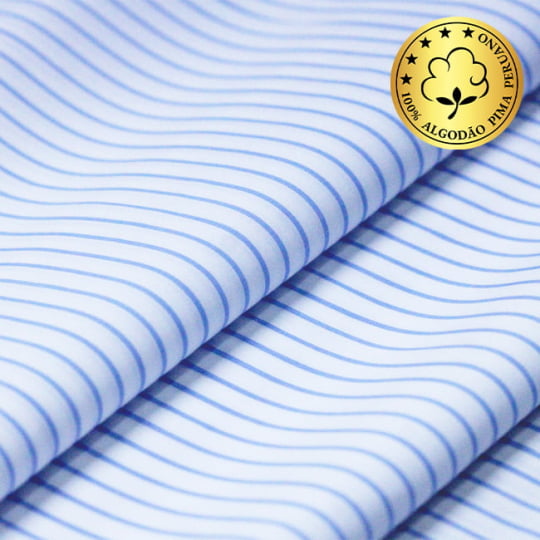 Tecido Camisaria fio 70 - Tremosine 05 Listra GG Celeste - 100% Algodão Pima