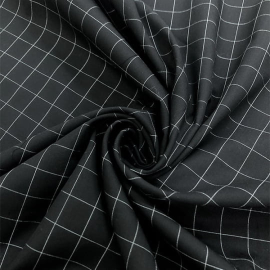 Tecido Camisaria Tricoline Fio 60 - Alexandria 329 Grid Branco Fundo Preto - 100% Algodão
